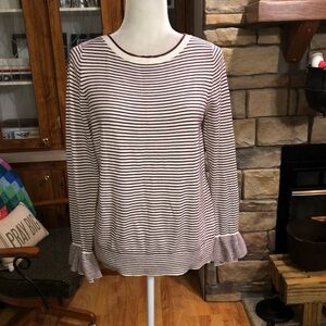 LOFT SIZE MEDIUM BURGUNDY & WHITE STRIPED SWEATER WITH RUFFLED CUFF